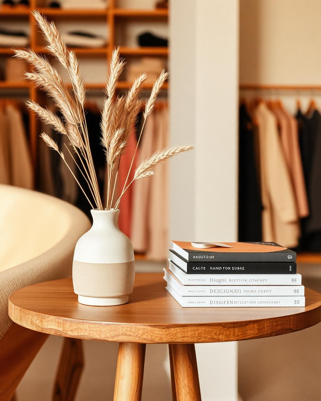 Beistelltisch mit Vase und Designbüchern im Laden